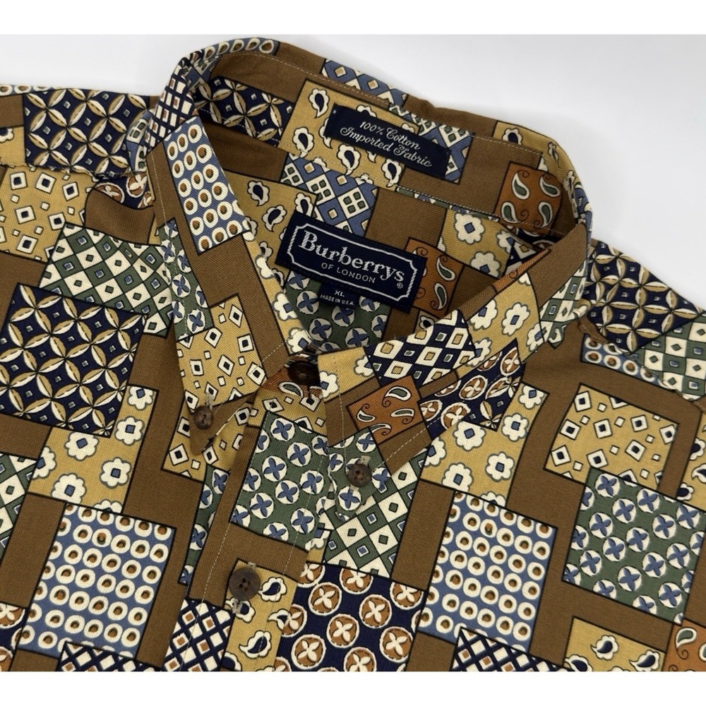 Burberrys London Vintage Shirt Men XL Brown Patchwork Geometric USA Made